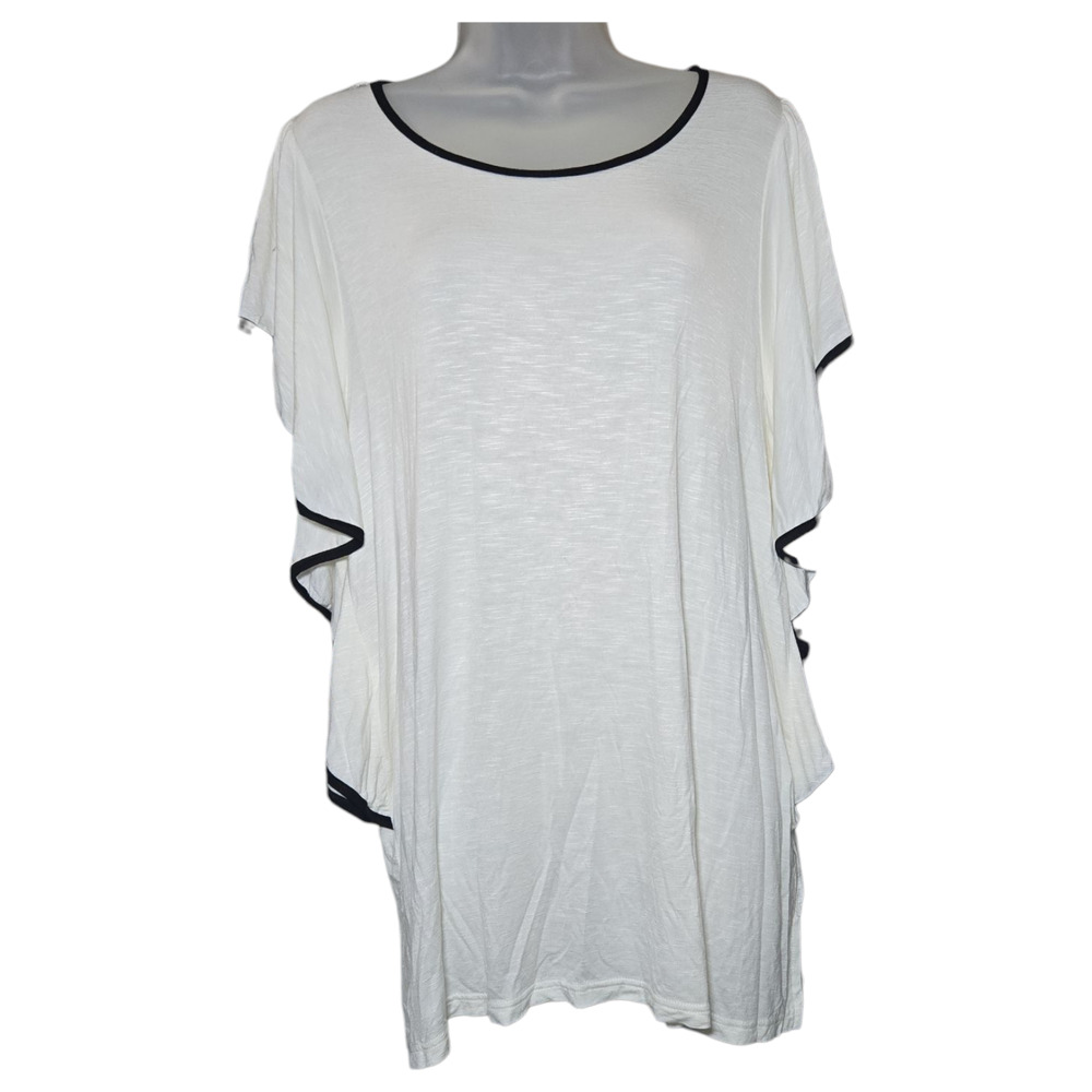 Suzanne Betro Wom LG White Black Flutter Sleeve Short Sleeve Blouse NWT Classic